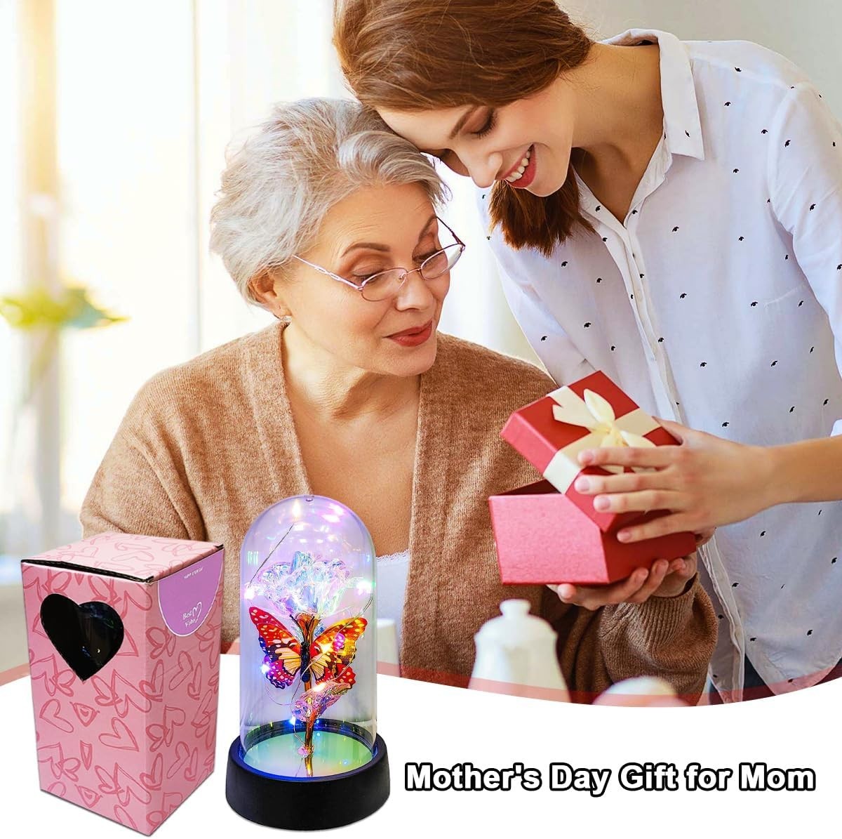 Butterfly Rose Flower Eternal LED Light Glass Dome Decor Mom Wife Birthday Gift