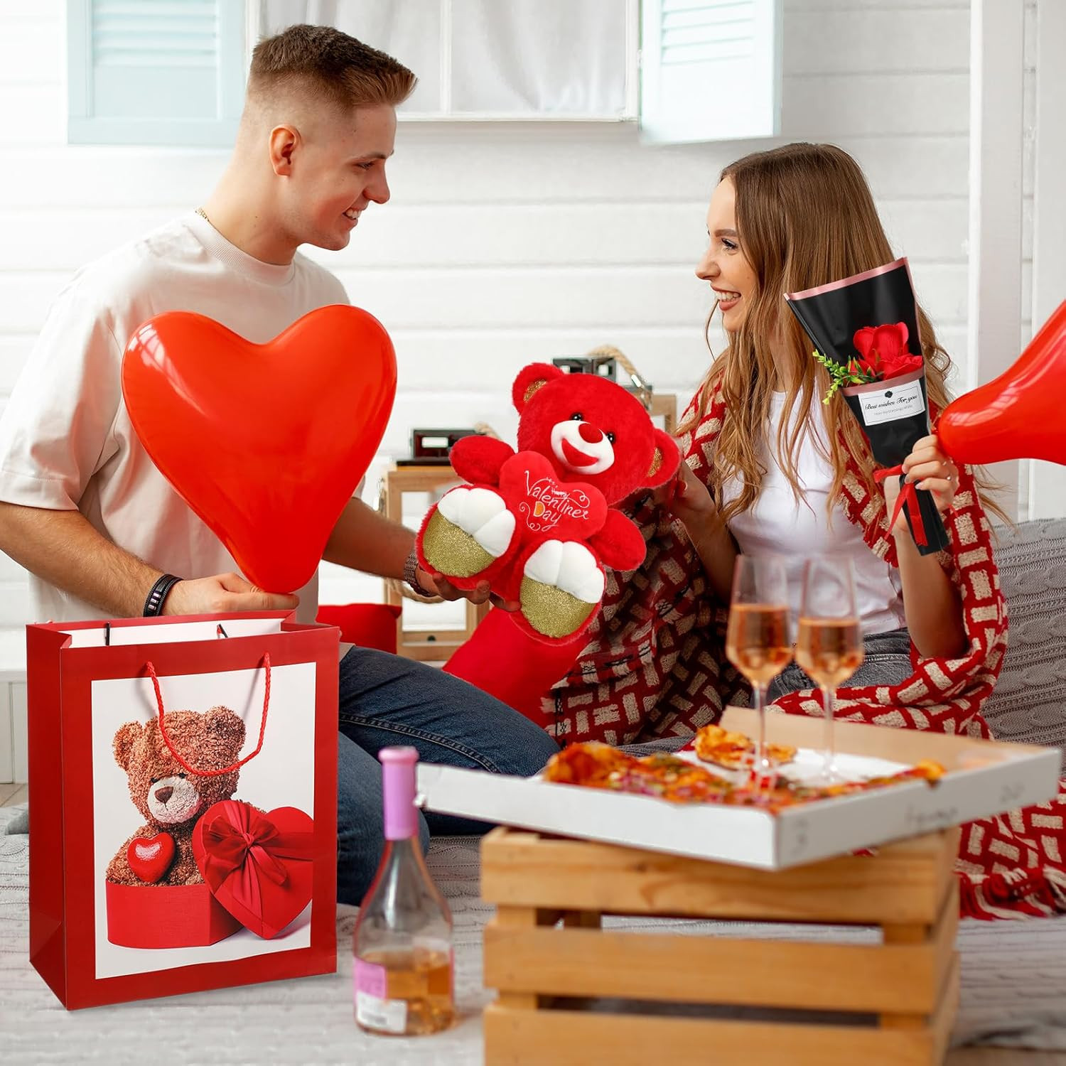 4 Pcs Valentine’S Day Bear Gifts Set Include 12 Inch Heart Bear Artificial Ro…