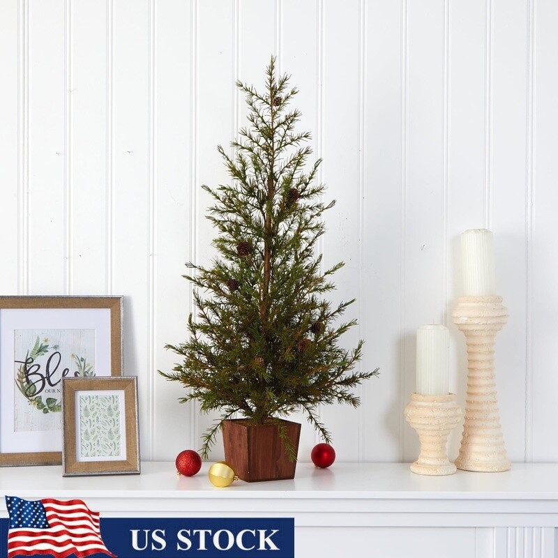 3ft Artificial Christmas Tree in Wood Planter W/ Faux Pine Cones Indoor Decor US