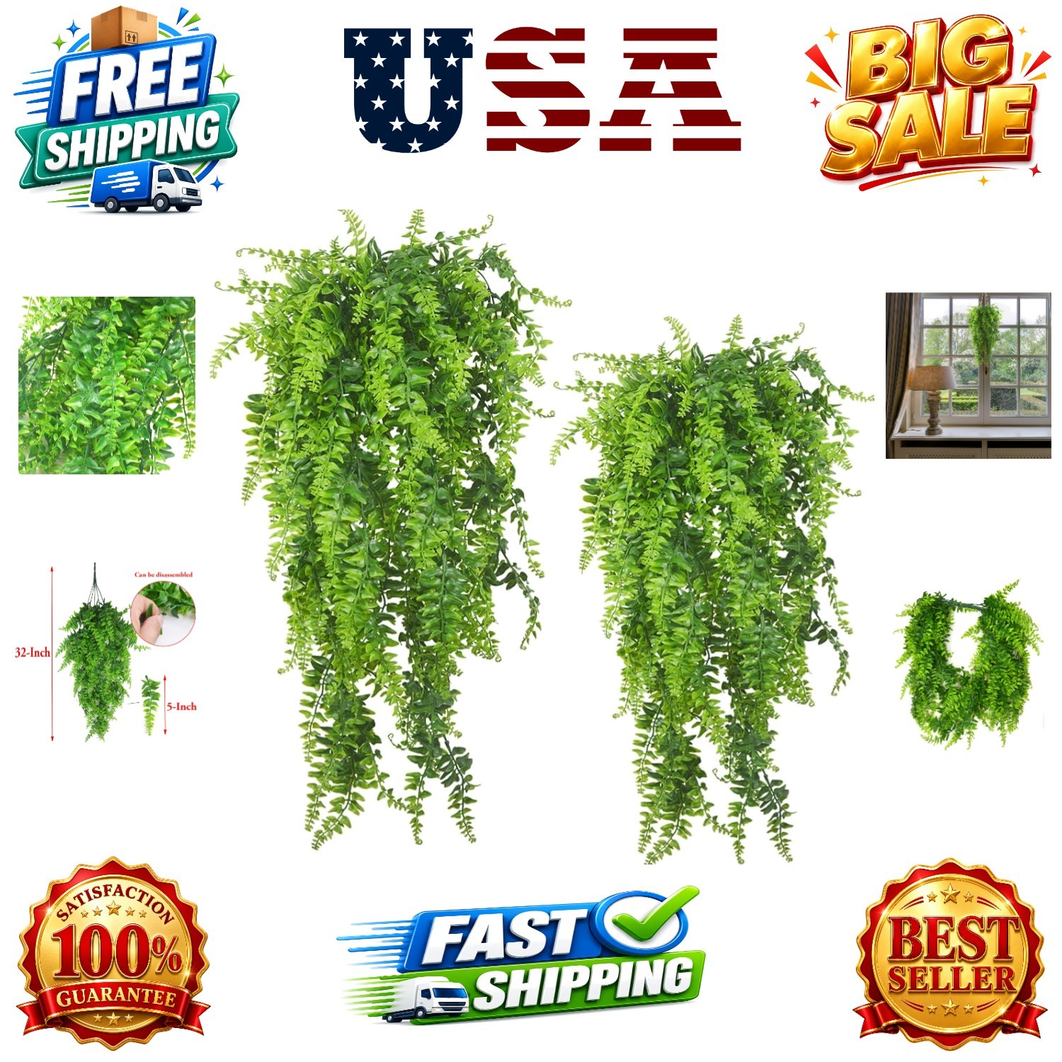 2pack Artificial Fake Hanging Ferns Plants Vine Fake Ivy Boston Fern Hanging …