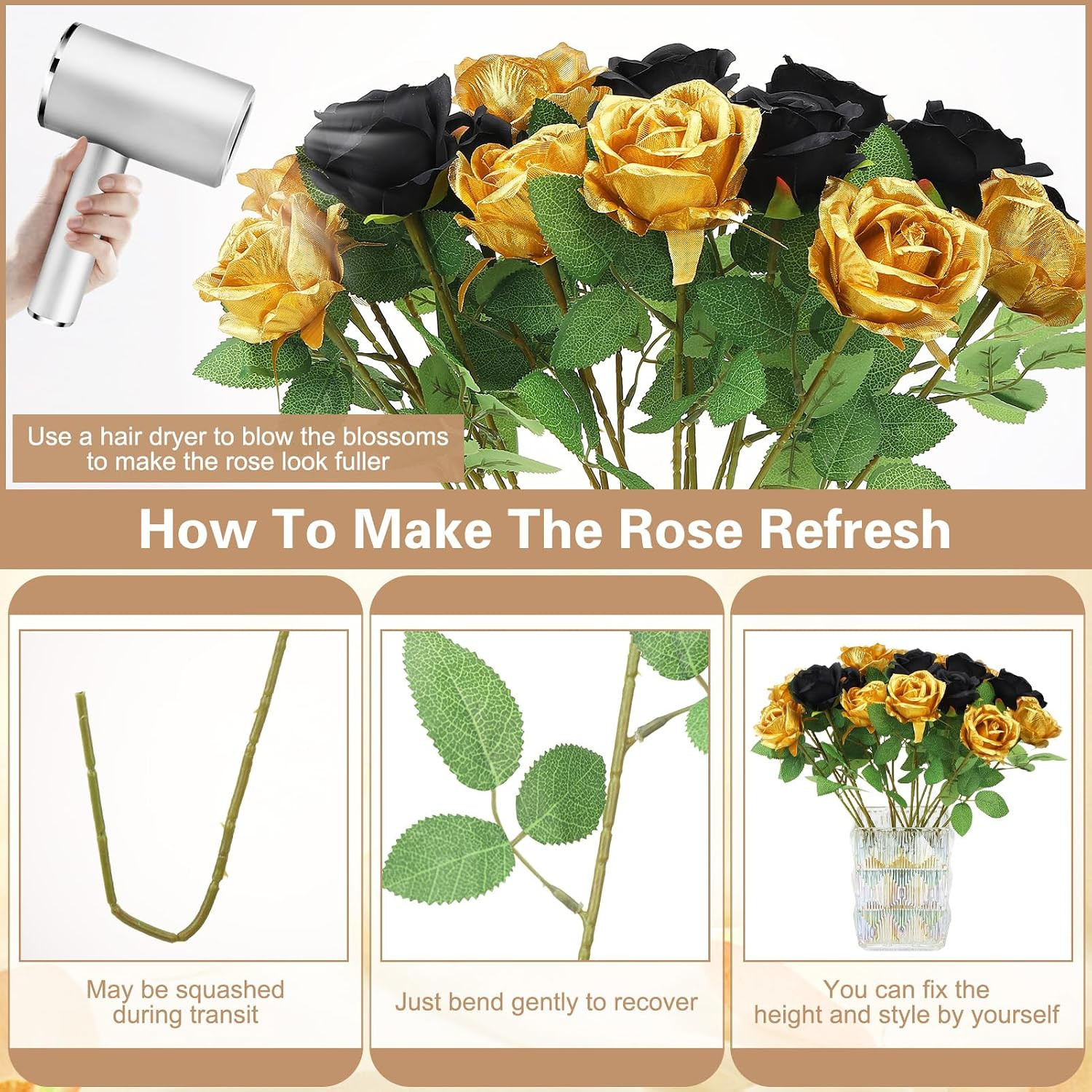72 Pcs Gold & Black Artificial Roses for Home, Wedding & Birthday Decor