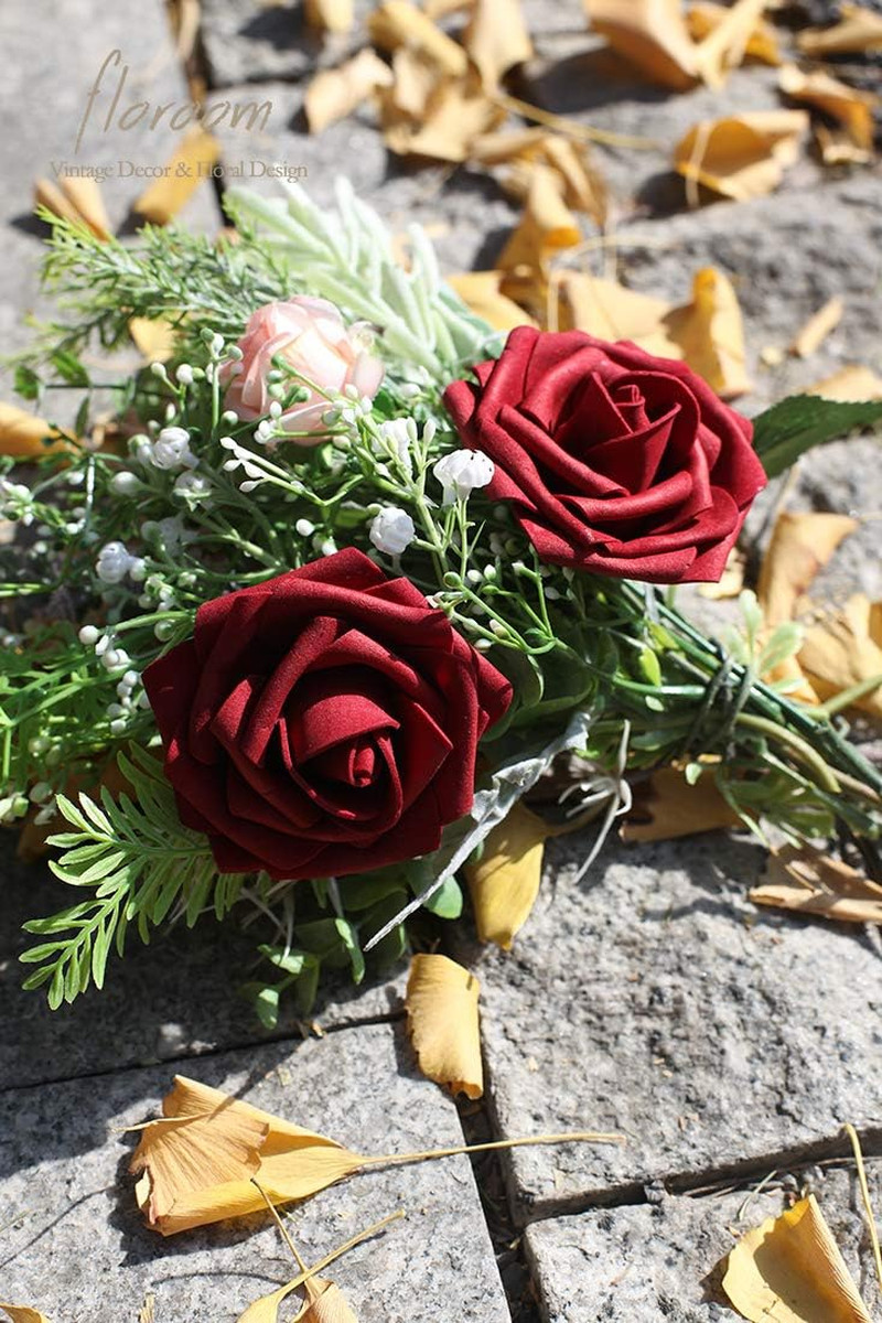 Artificial Flowers 25Pcs Real Looking Burgundy Foam Fake Roses with Stems for DI