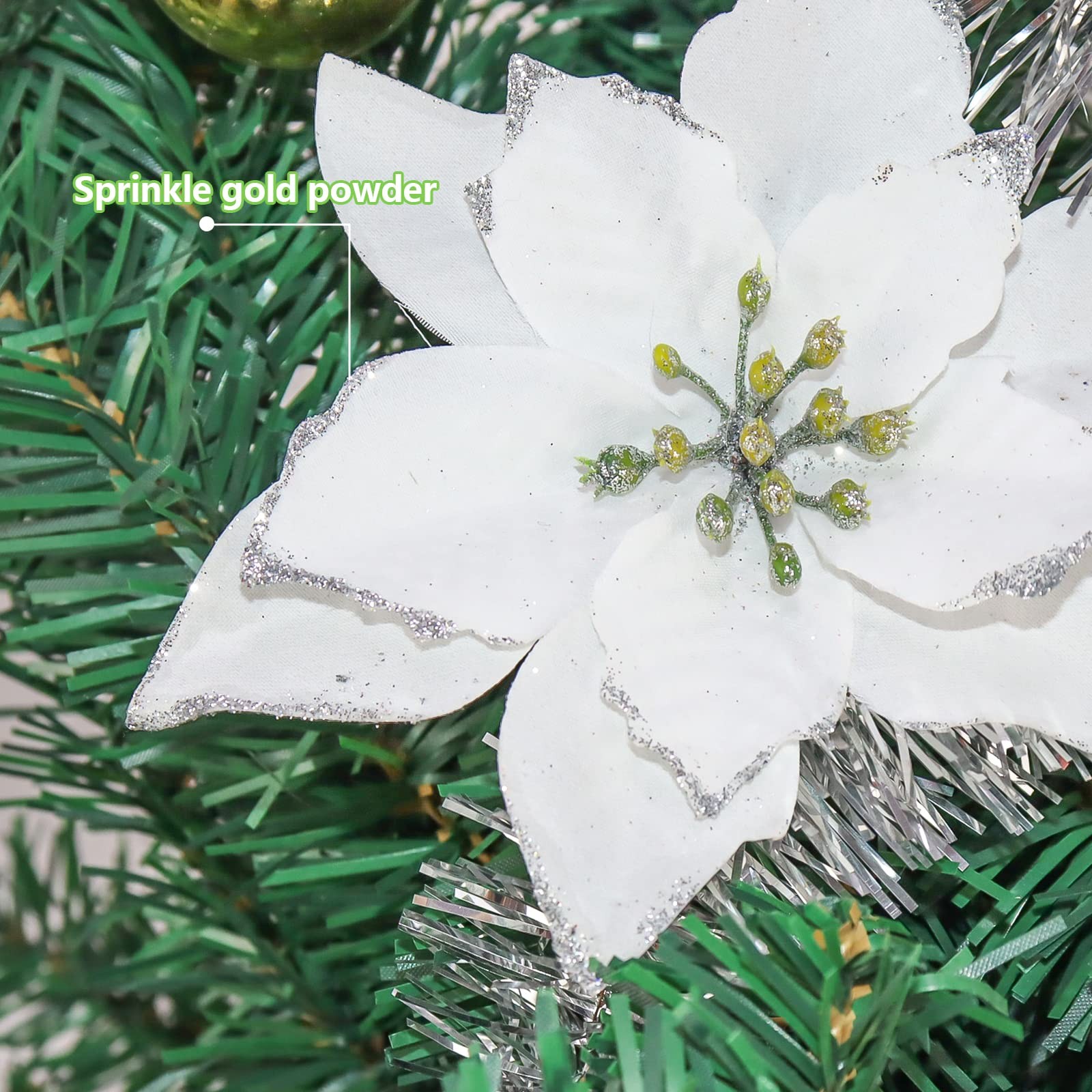 12 Pack White Glitter Poinsettia Ornaments, Christmas Tree, Flowers, Decor,Clips