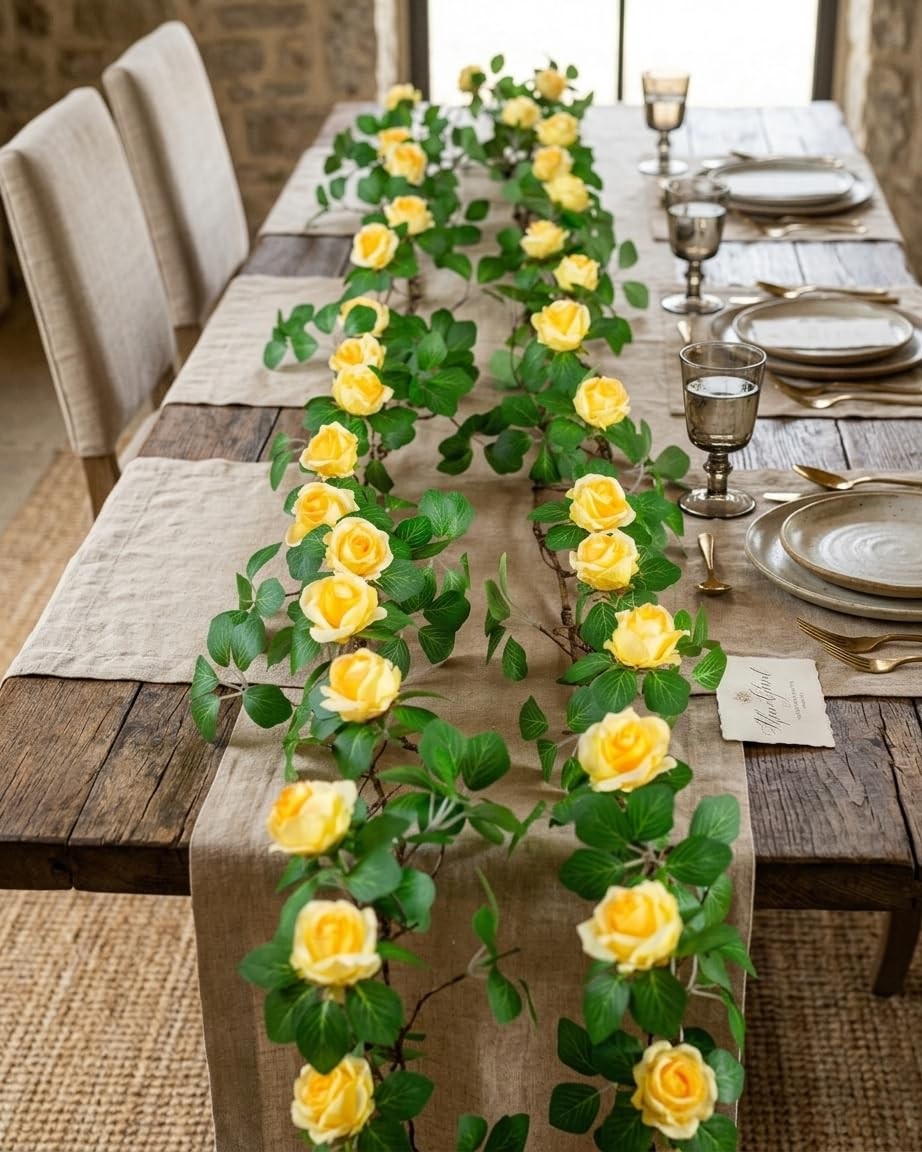 2Pcs x 6 Ft Bendable Artificial Rose Vine Yellow Flower Garland, Floral Vines…