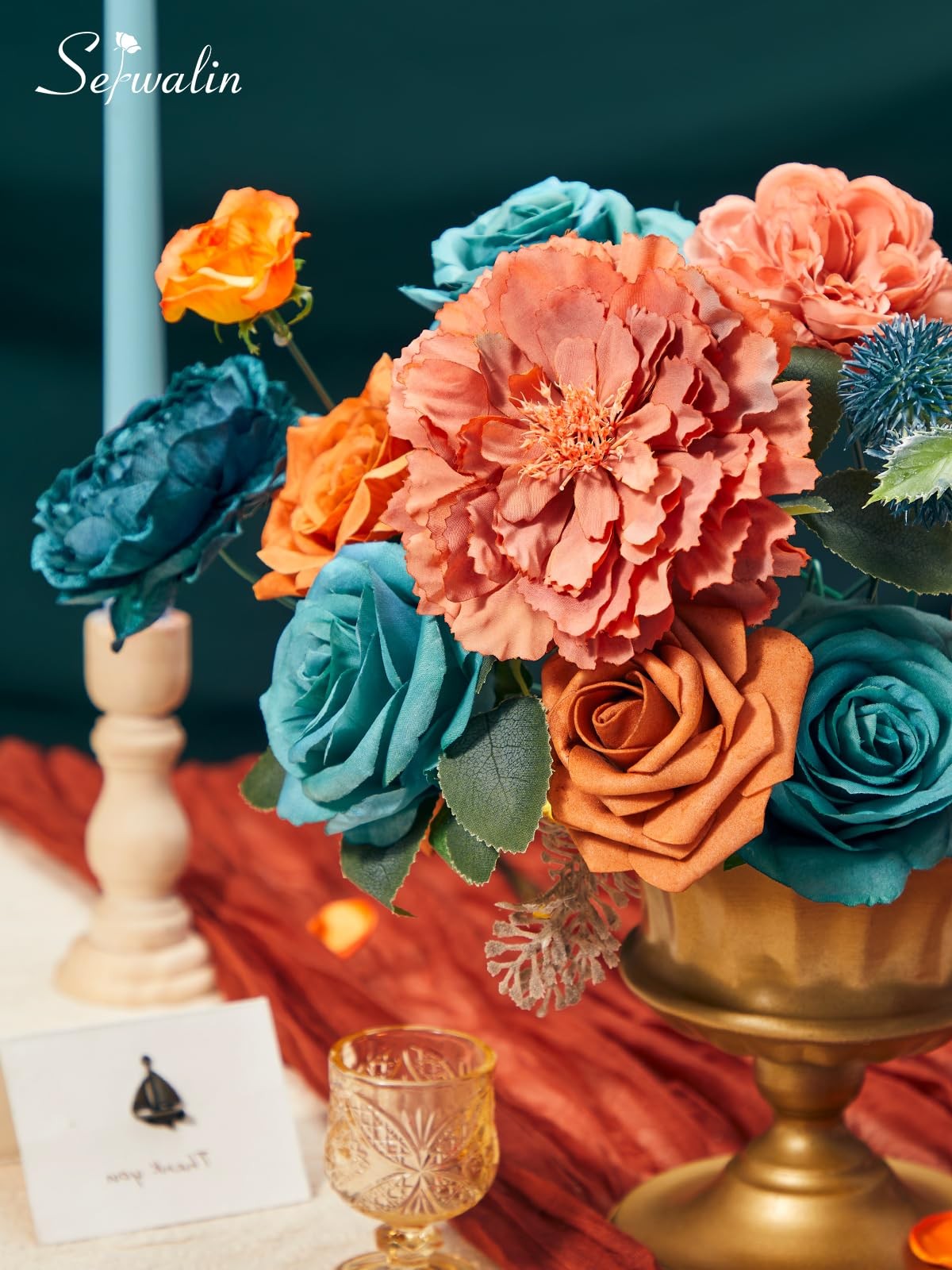 Teal Burnt Orange Artificial Silk Flowers Bouquet Box Set DIY Wedding Decor