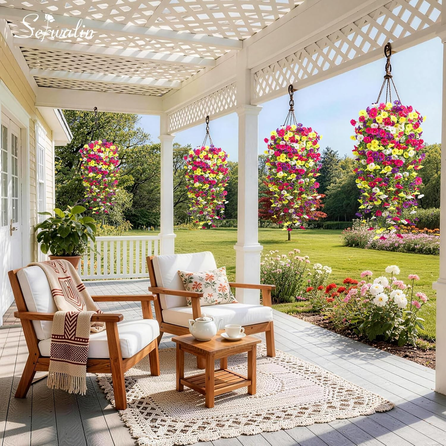 Artificial Hanging Flowers for Outdoors UV Resistant, 4PCS Faux Morning Glory Fa