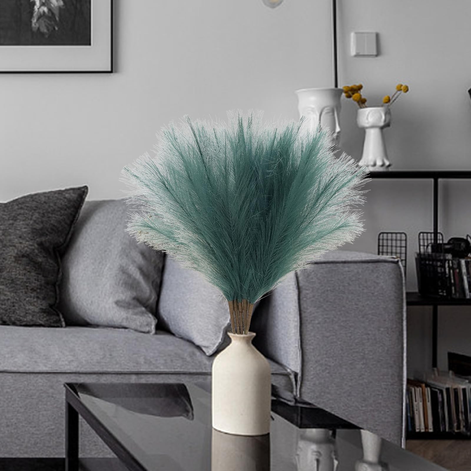 5 PCS 30″ Dark Green Pampas Grass Tall Fluffy, Detachable Faux Bulrush Reed G…