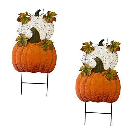 Set of 2 Rustic Metal Stacked Pumpkin Garden Stake Indoor Outdoor Welcome