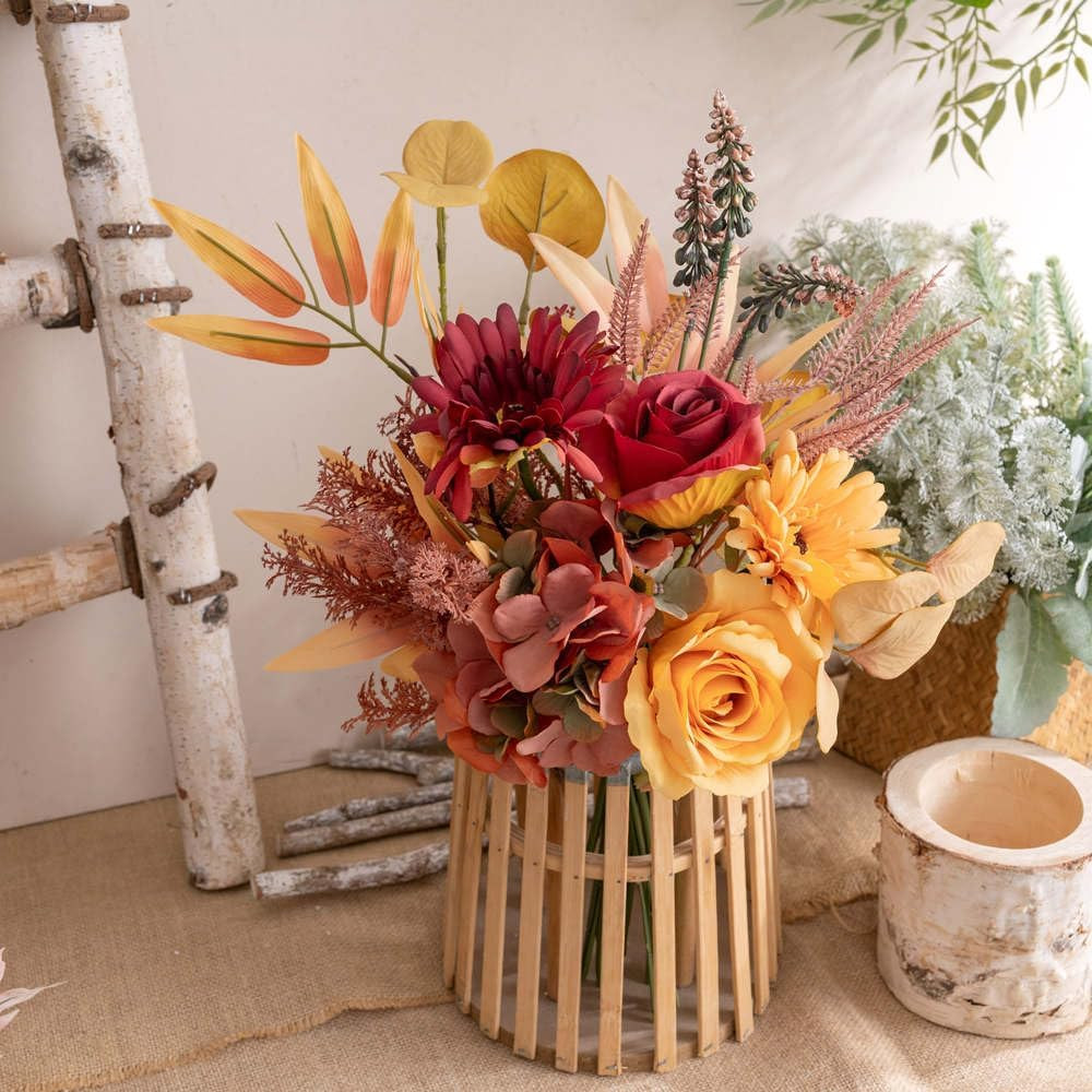 Autumn Red Silk Flower Arrangement for Wedding Bouquets Table Centerpieces Decor