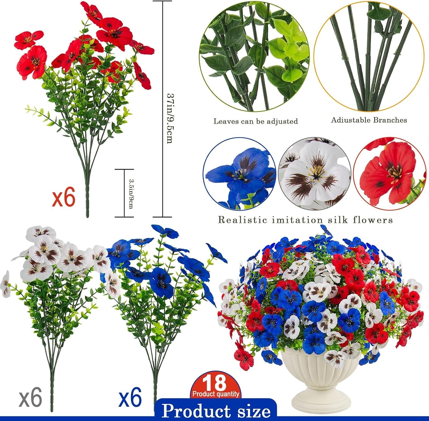 18 Pcs Artificial Fake Pansy Flowers for Outdoor, UV Resistant Faux Silk Pansies