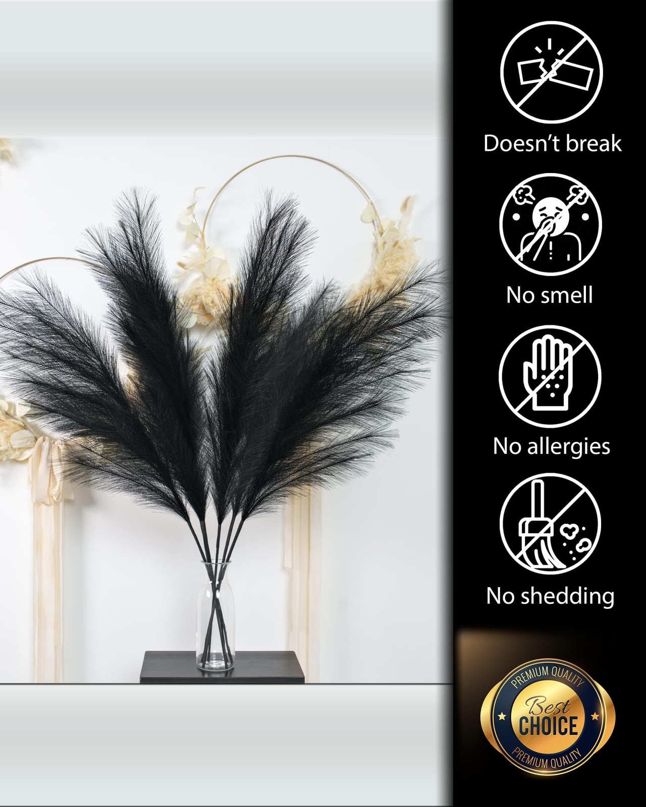 43 Inch Black Pampas Grass Decor Tall 3 PCS Artificial Faux Floor Vase
