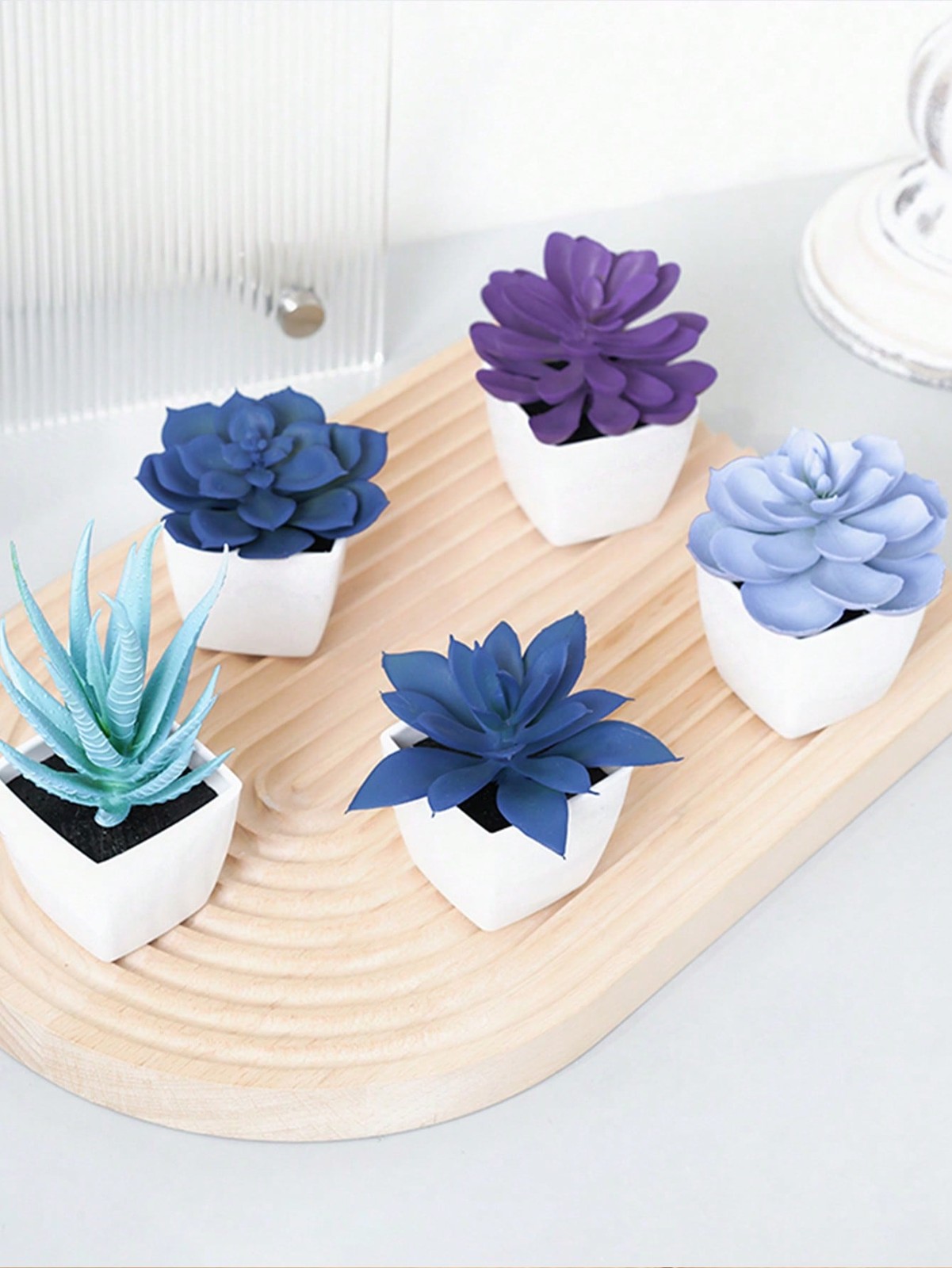 5pcs Artificial Blue Purple Succulents 23532ZH5 in White Pots Home Decor