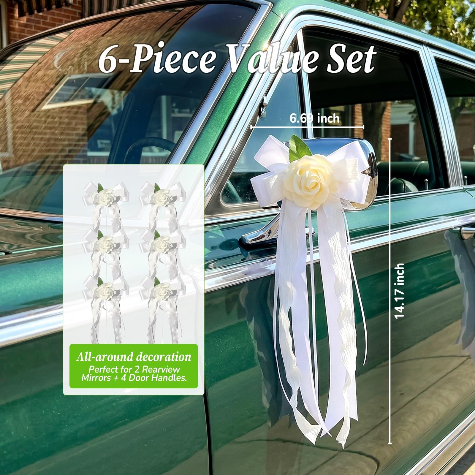 6 PCS White Wedding Car Door Handle Flowers Rearview Mirror Ribbon Bowknot