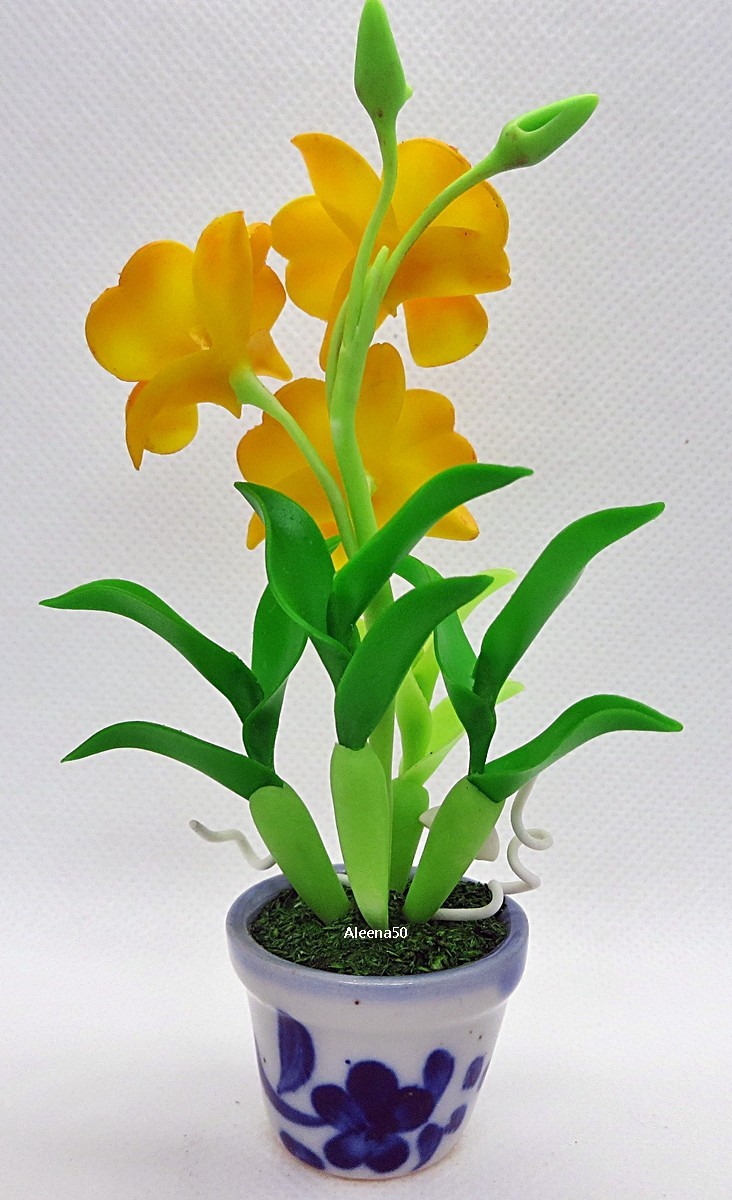 US Stock 4″H Handmade Air-Dry-Clay Miniature Dendrobium Orchid Arranged in Pot