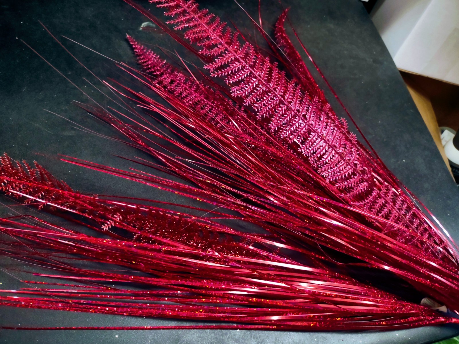 Retro Plastic Dragon Fern, Red, w/200 Stems of Holographic Grass Greenery, 24″