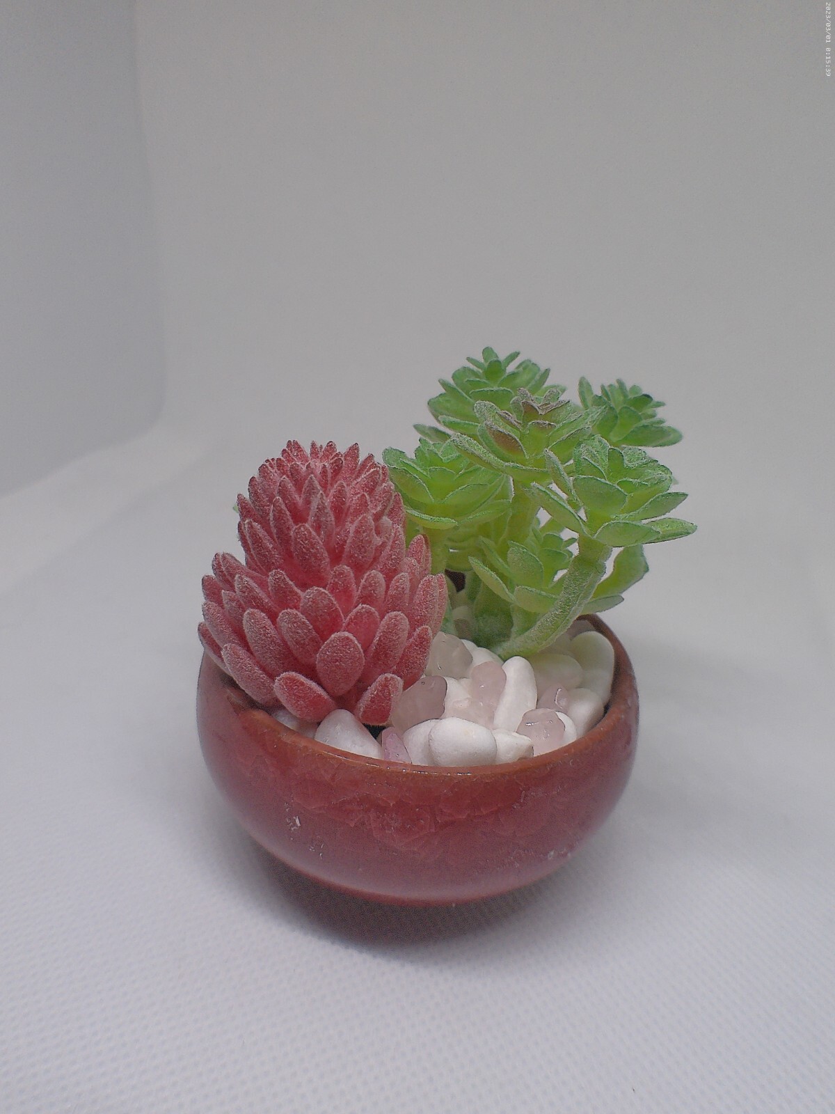 Small Handmade Maroon Planter with Faux Succulents & Rose Quartz Stones