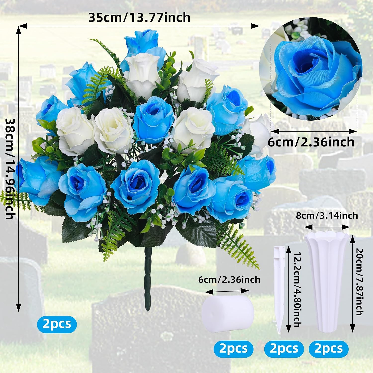 Set of 2 Artificial Cemetery Flowers with Vase,Grave Memorial Flowers,Artificial