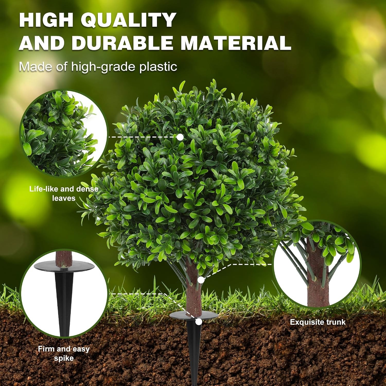 Set of 2 Artificial Boxwood Topiary Ball Trees with Ground Spike, 26 Inches UV