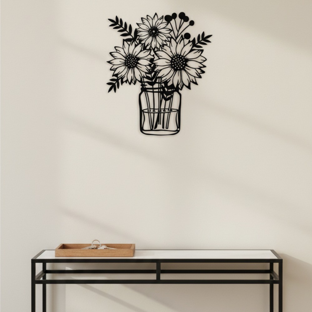 Black Sunflower Metal Wall Vase Sculpture – Nature-Inspired Bathroom Decor