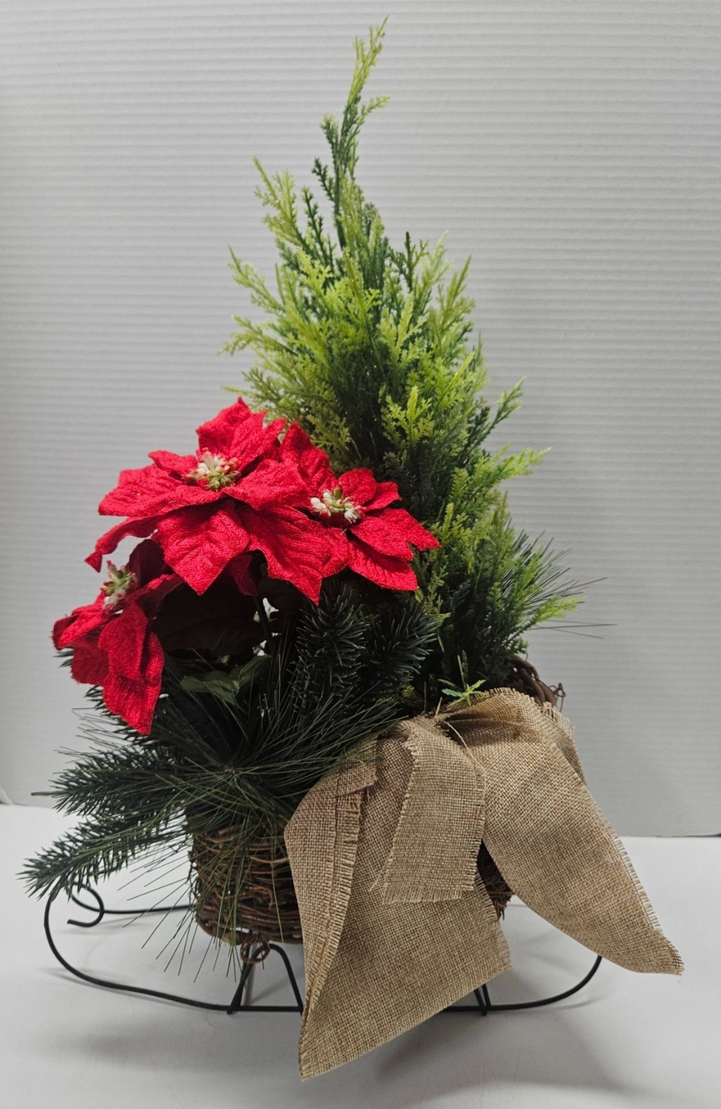 Christmas Sleigh Centerpiece Faux Cedar Pine Poinsettia Burlap Wicker 21in Metal