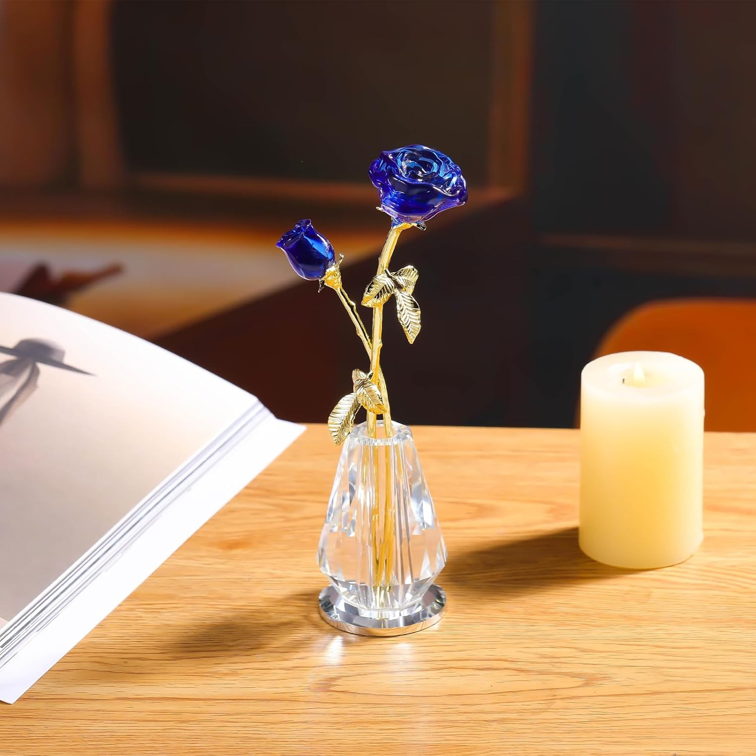 Crystal Rose Flowers Figurines Home Decor, Blue Glass Flowers with Stems, Collec