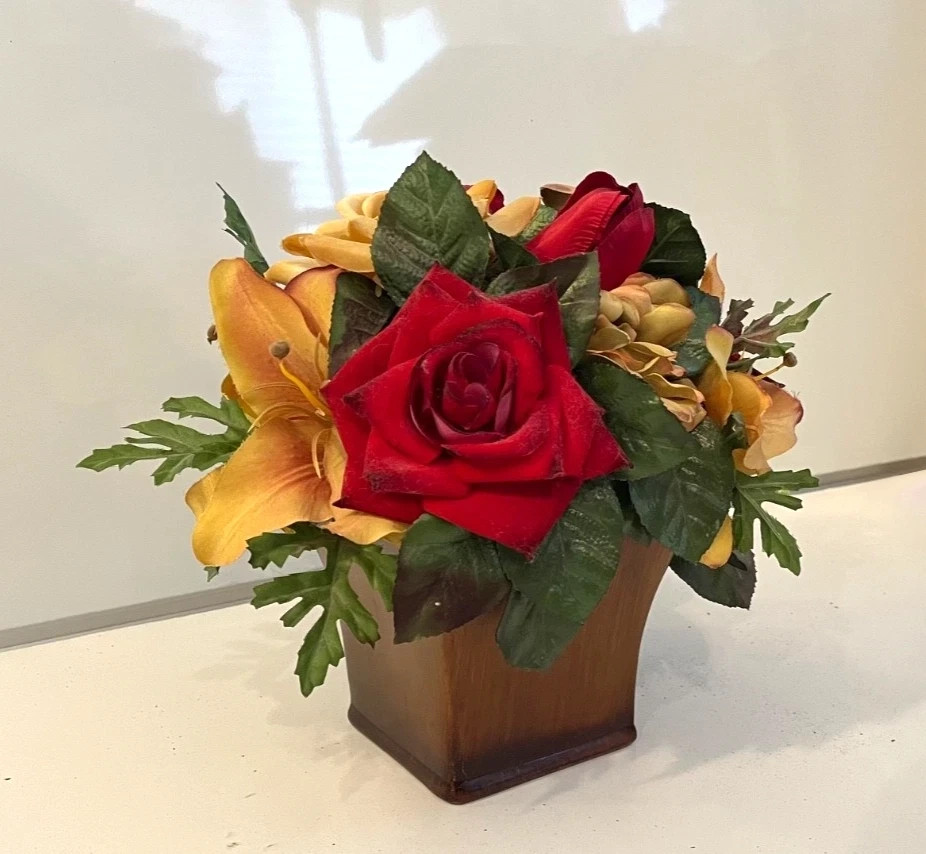 Red & Yellow Faux Flower Roses Centerpiece Beige Mahoga Brown Neutral Home Decor