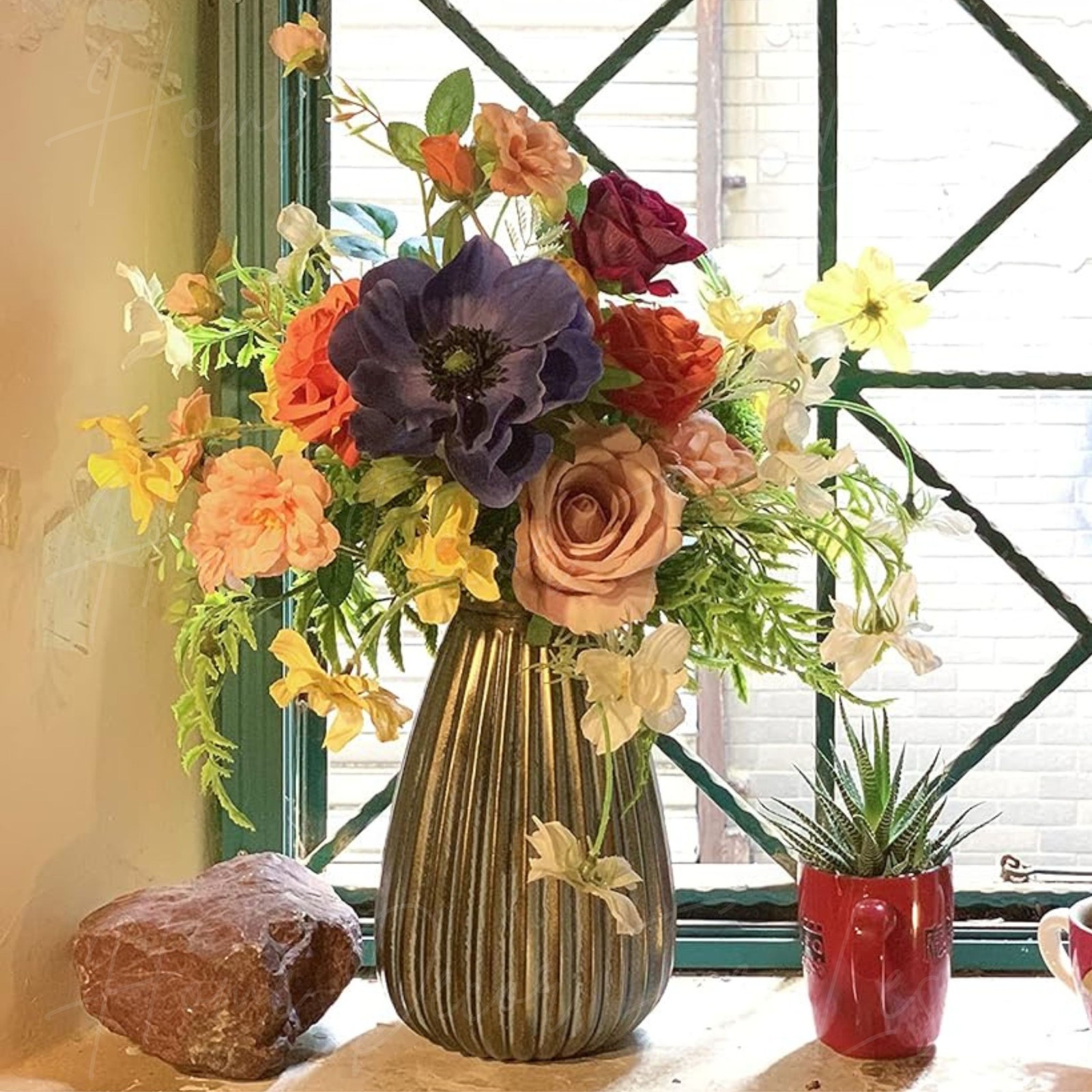 Artificial Spring Floral Flower Arrangement Ceramic Vase Centerpiece Home Decor