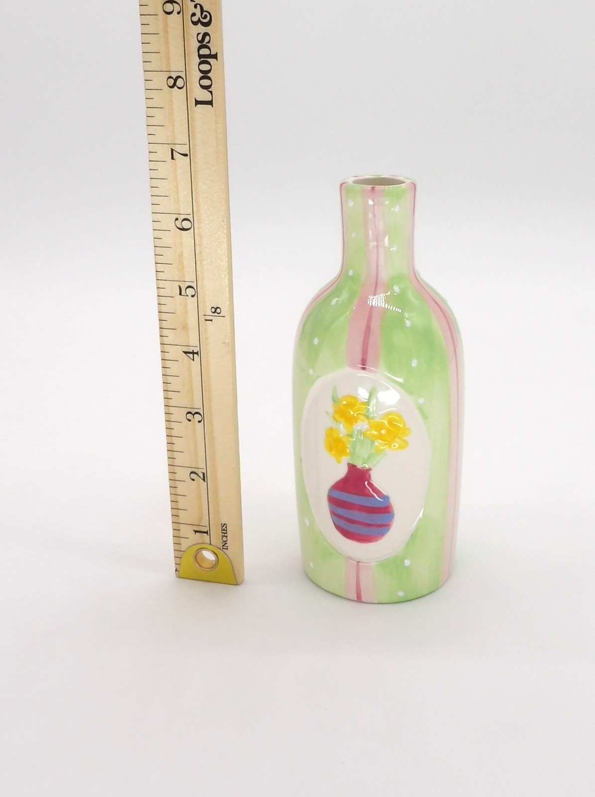Green and Pink Striped Bud Vase with Daffodils 7″ Spring Decor