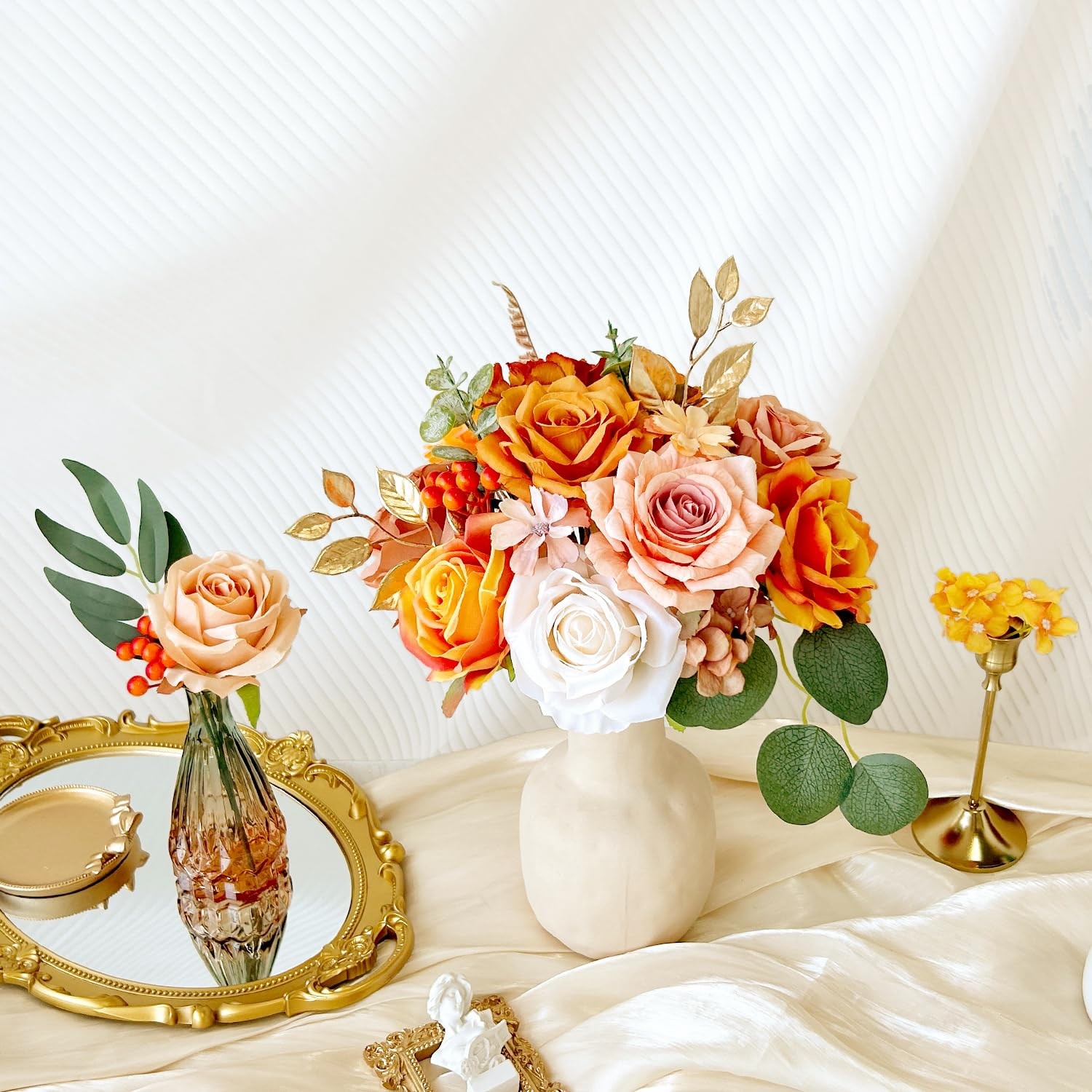 Artificial Flowers Combo Box Silk Burnt Orange Roses with Stems Sunset Terrac…