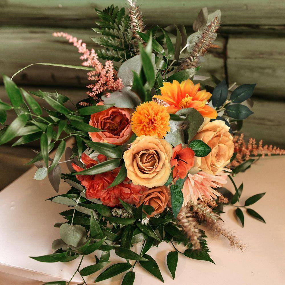 7.8 In. Orange Artificial Peonies, Roses, Dahlias, Daisies Flowers Combo Box