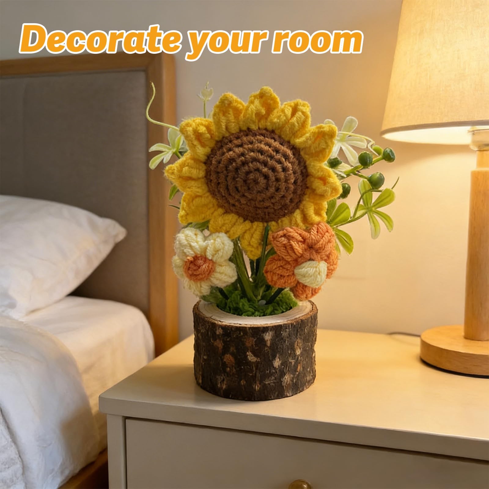 Handmade Knitted Sunflowers, Cute Crochet Flowers Bouquet with Wooden Pot