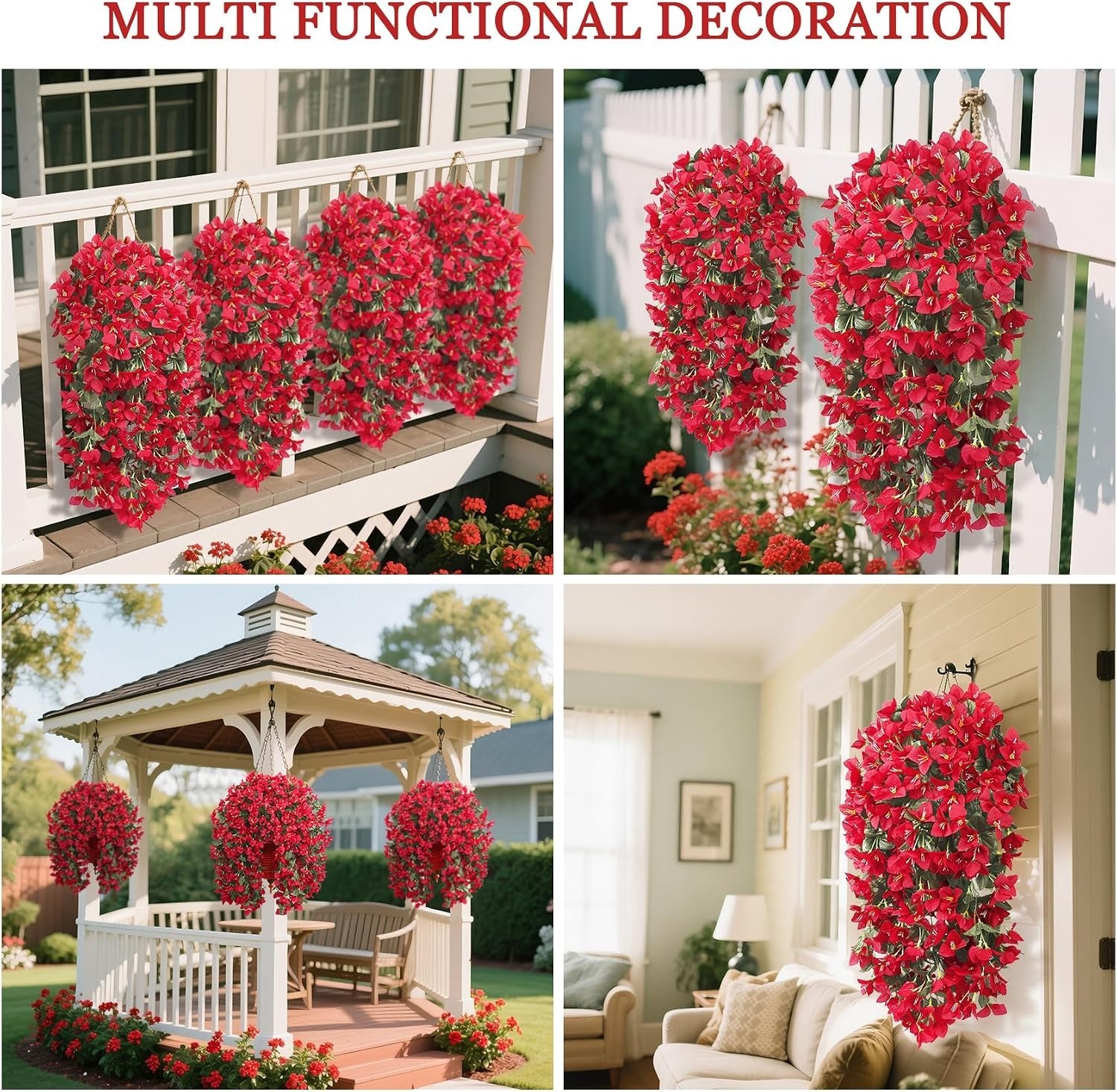 3 Pcs Artificial Bougainvillea Flowers for Outdoors, Red | Fake hanging plant…