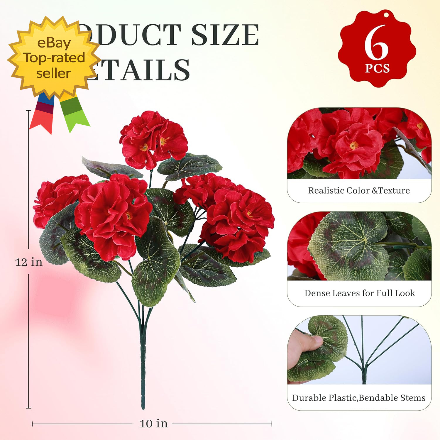 6 Pack Red Artificial Geranium Flowers UV Resistant Faux Outdoor Patio Decor