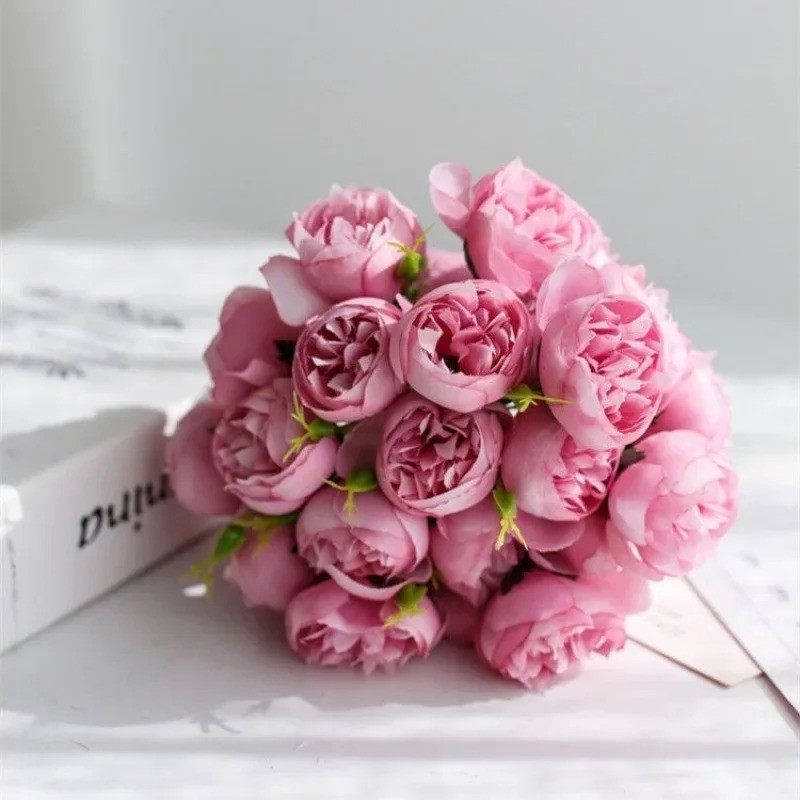 Rose Pink Peony Artificial Flowers Silk Bouquet 27heads Roses Fake Flower