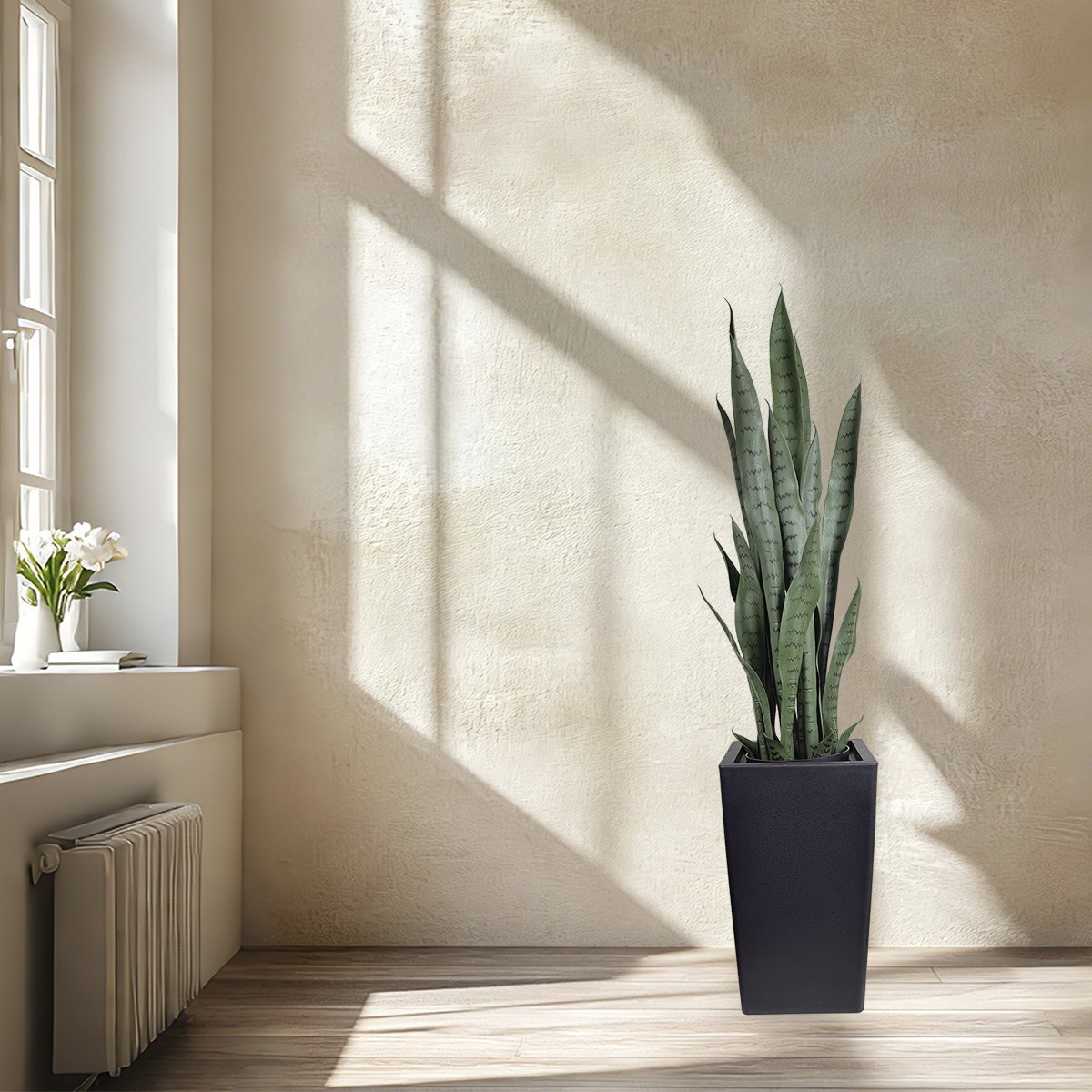 4ft Artificial Snake Plant Black Planter, Faux Sansevieria Floor Plant Decor