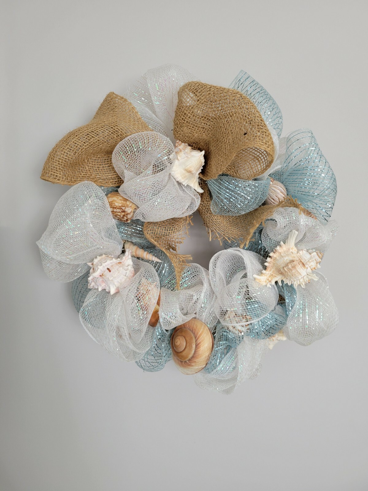 Beautiful Romantic shimmery ribbon SeaShell Wreath 16″ Coastal beach house decor
