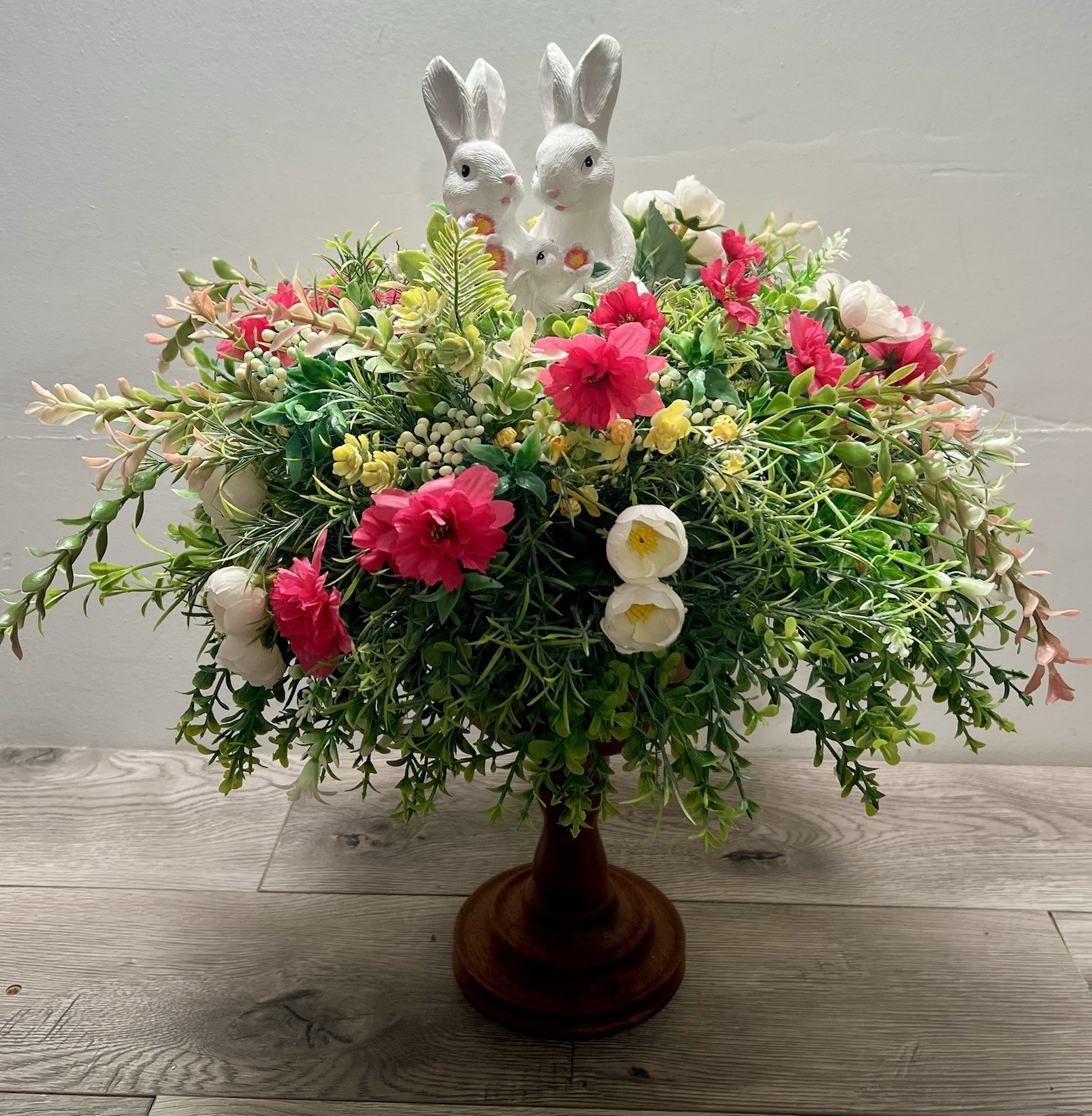 Spring Easter Candle Stick Floral Arrangement Greenery Flowers Rabbit