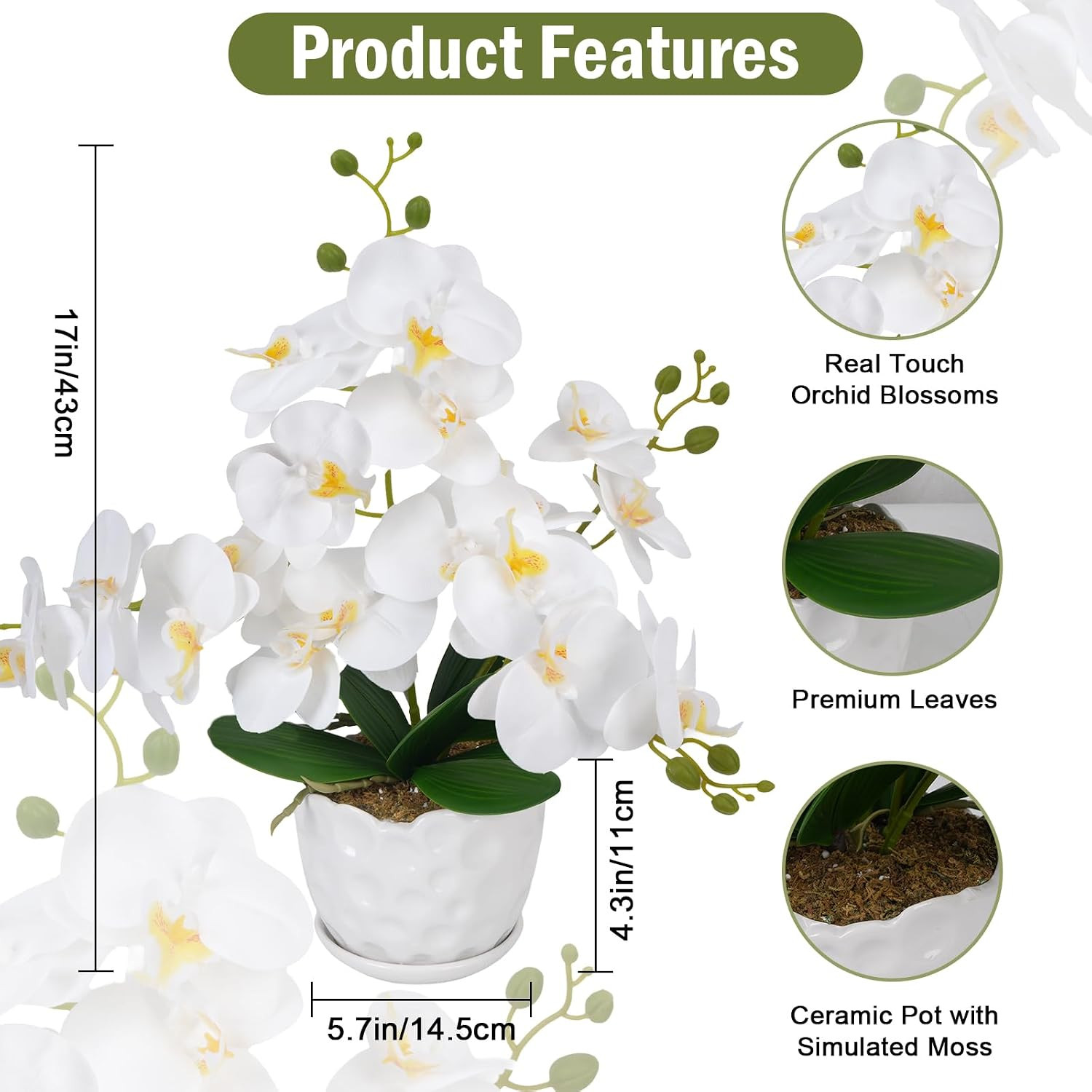 17″ Orchids Artificial Flowers White Fake Orchid Plant with Ceramic Pot Real Tou