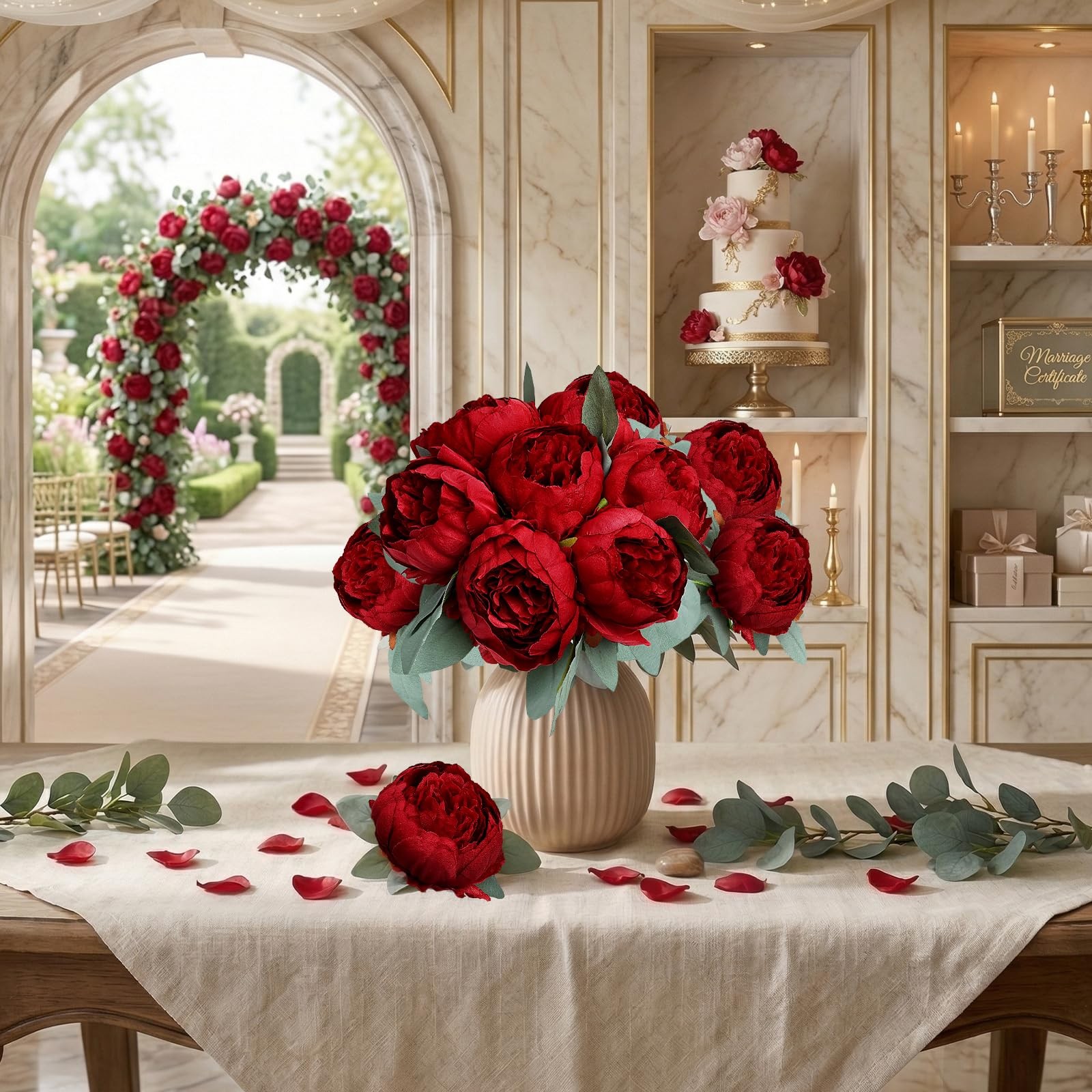 50 PCS Burgundy Artificial Peonies Fake Flowers Faux Silk Arrangements