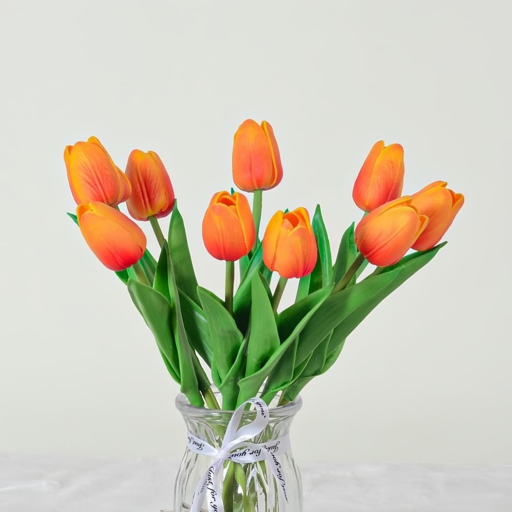 Artificial Flowers Tulips 10 PCS Real Touch Latex Faux Bouquet Decor Orange