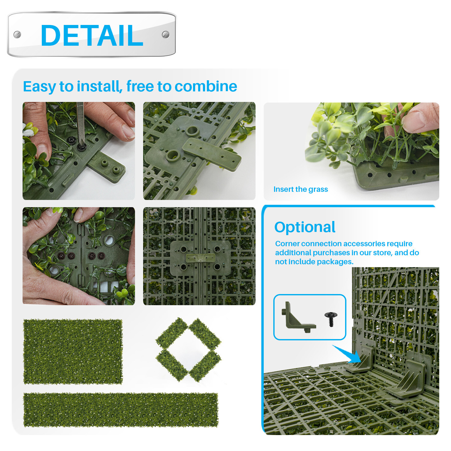 Artificial Boxwood Mat Wall Decor w/Hard Panels Fence Panel Grass Single Side
