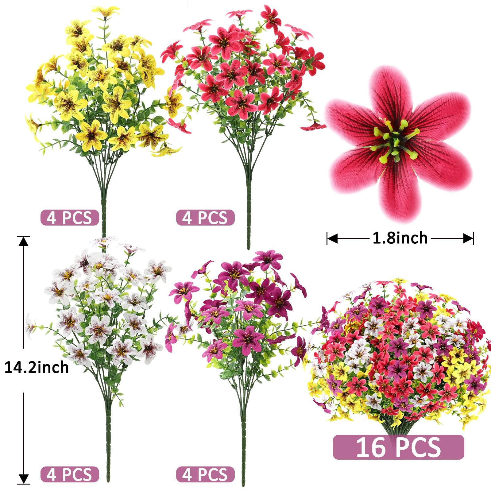 16 Bundles Artificial Flowers for Outdoors, UV Resistant Fake Flowers for Spr…
