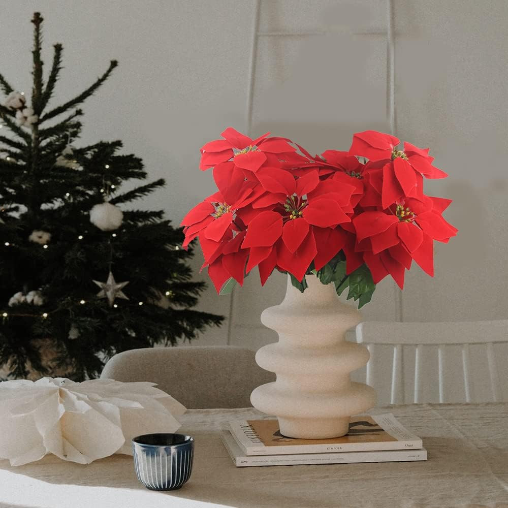 2 Pcs Poinsettia Flowers Artificial Christmas Flowers Red 5 Heads Silk Poinse