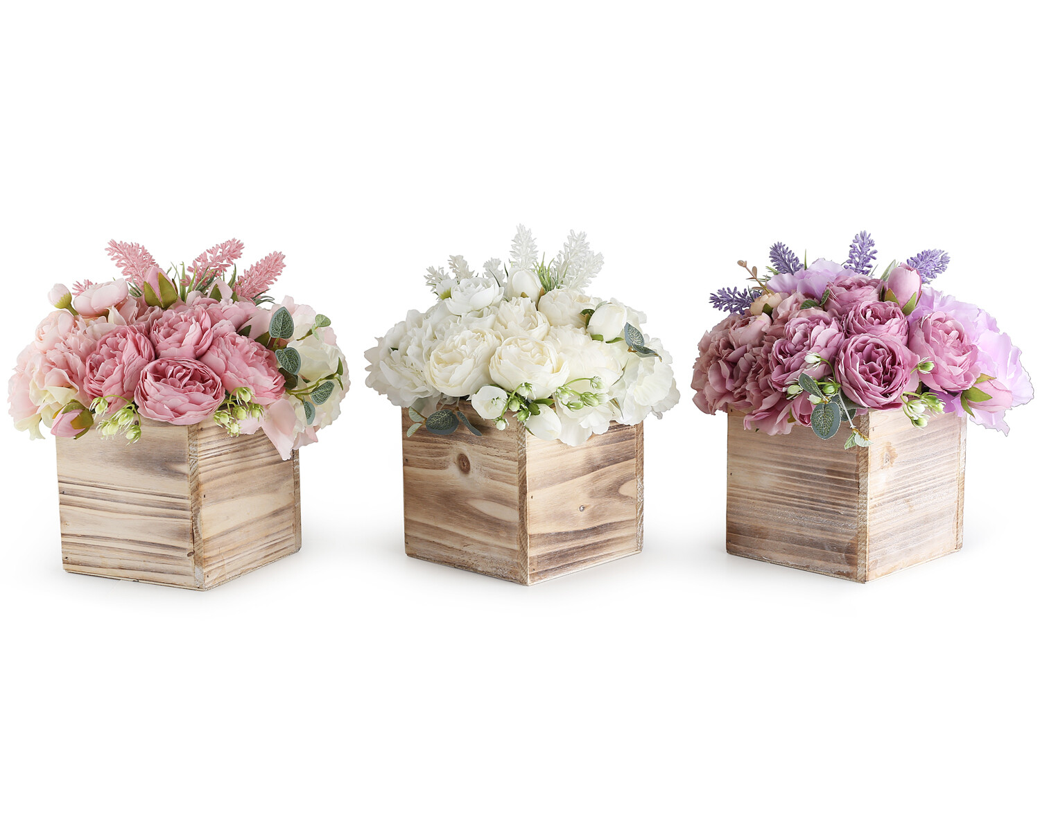 Artificial Flower Arrangement – Plant set in wood square vase.