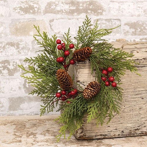 Real Touch Mixed Cedar & Red Berry Candle Ring / Wreath 3.5″ Christmas