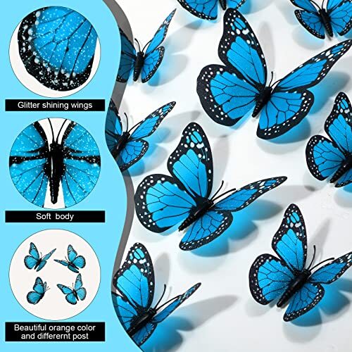 Monarch Butterfly Decoration 3 Size Fake Butterflies Realistic 48 Blue