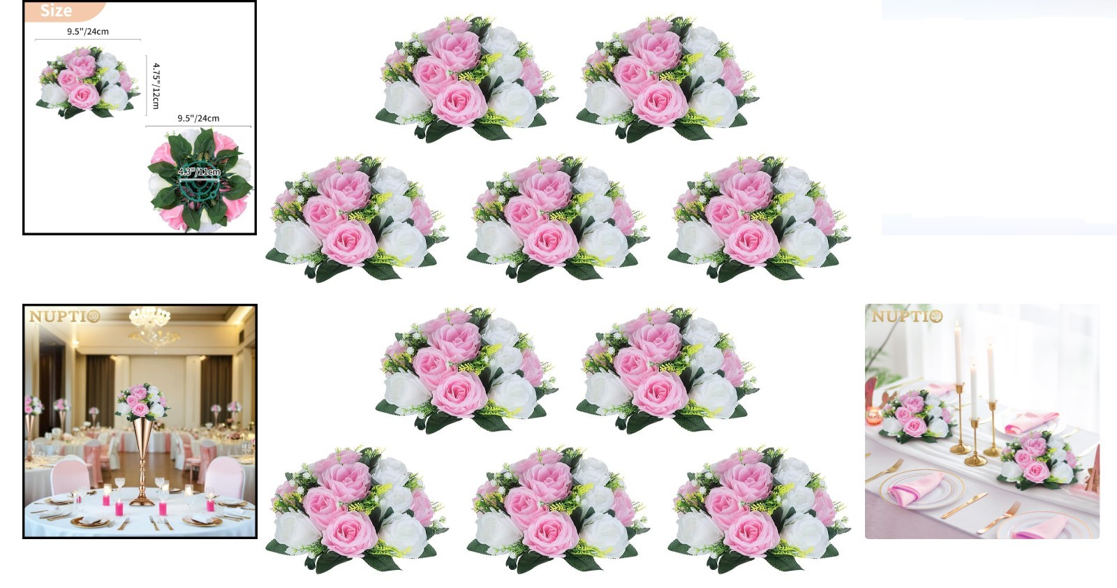 Pink White Flower Balls 10 Pack Artificial Rose Centerpieces 9.5in for Weddin…