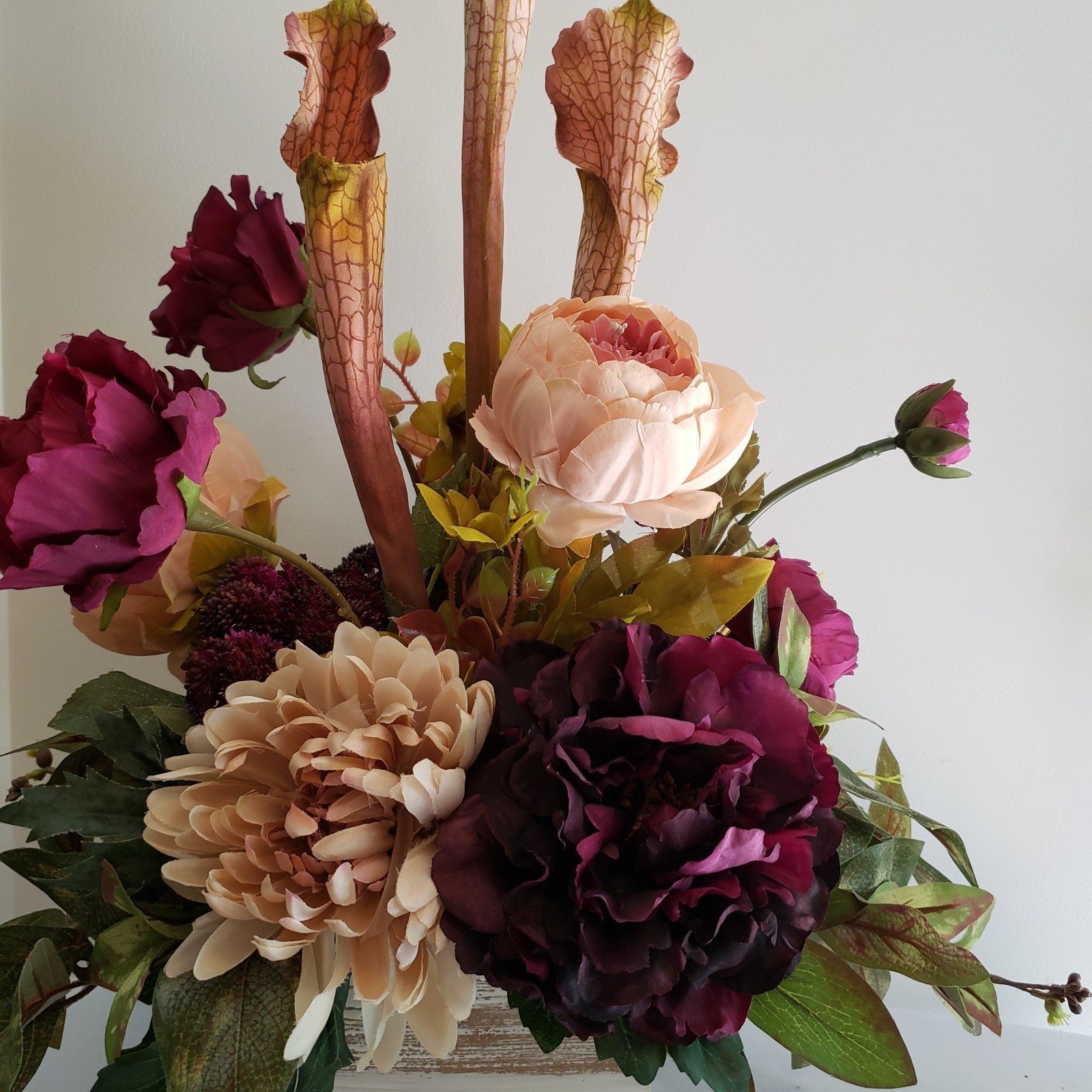 Handmade Silk Flower Centerpiece, Deep Purple Hydrangea, Blush Rose & Mum