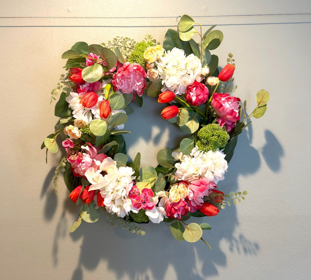 Peony Tulip Wreath Spring Flower Front Door Pink White Green Moss Floral Easter
