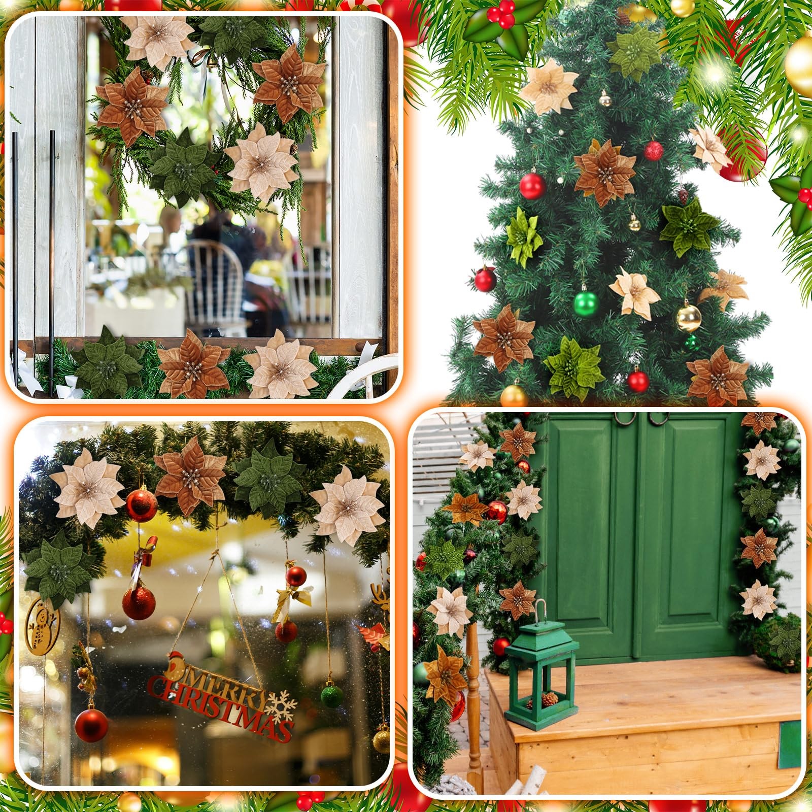12 Pcs Artificial Neutral Christmas Poinsettia Flower 5.9 Inch Velvet